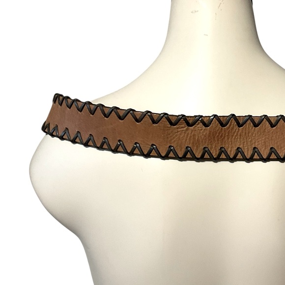 vtg Retro LEATHER Belt OS Adjustable Braid Trim Tan Brown - Picture 5 of 6